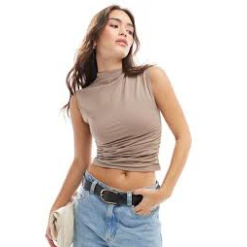 Abercrombie & Fitch Mock Neck Ruched Sleeveless Top Taupe Brown Size Small